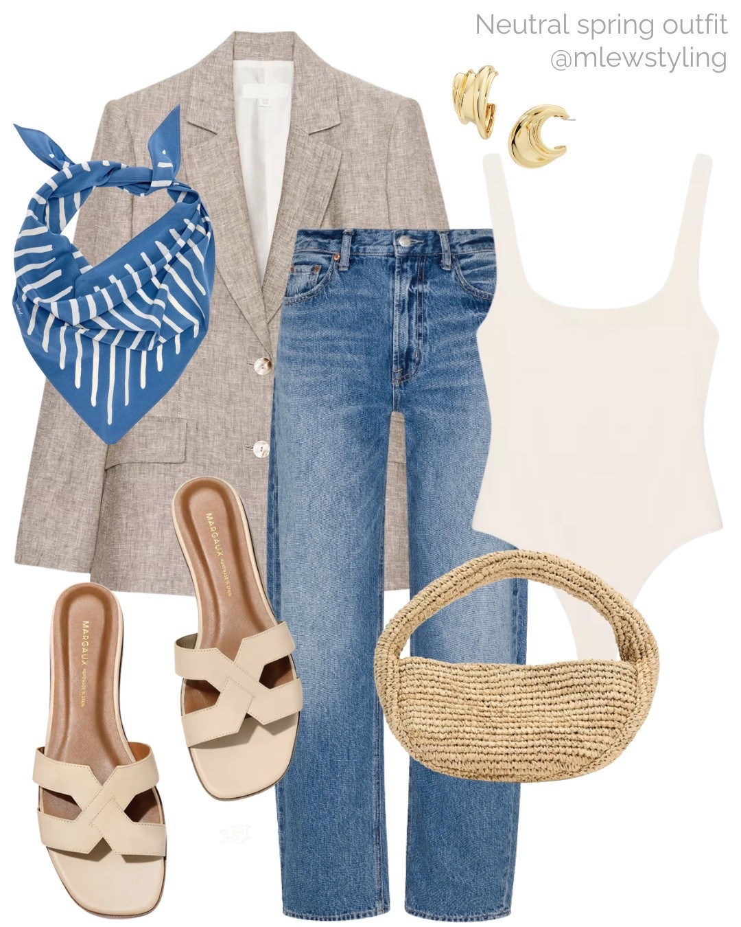 Neutral spring outfit with a linen blazer and a neck scarf 🦋

Tags: Zara blazer, barrel leg jeans, tank bodysuit, Margaux nyc leather sandals, raffia bag, elevated outfit, capsule wardrobee

#LTKgrwm #LTKSeasonal #LTKootd