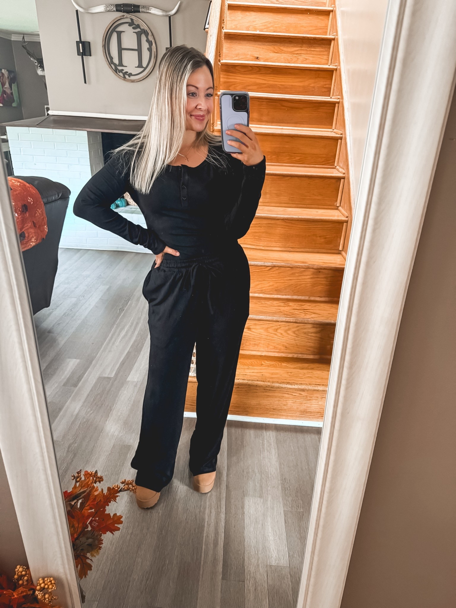 Comfy, cute, and travel ready. This lounge set is perfect for long days running errands, or for travel. They come in so many cute colors too! The pants are a little long for my short girlies, but these cozy boots fix that real quick! Paired with a gold necklace and gold earrings. 💋🫶🏻 ITS ON SALE AS WELL! 

#LTKMidsize #LTKOver40 #LTKTravel