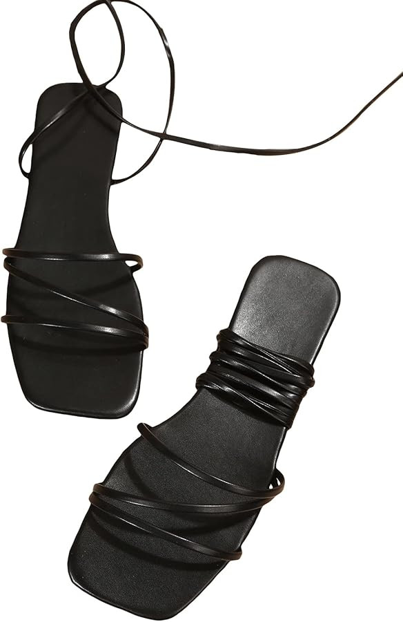 GORGLITTER Lace Up Strappy Flat Sandals Ankle Wrap Open Toe Leather Slide Shoes | Amazon (US)
