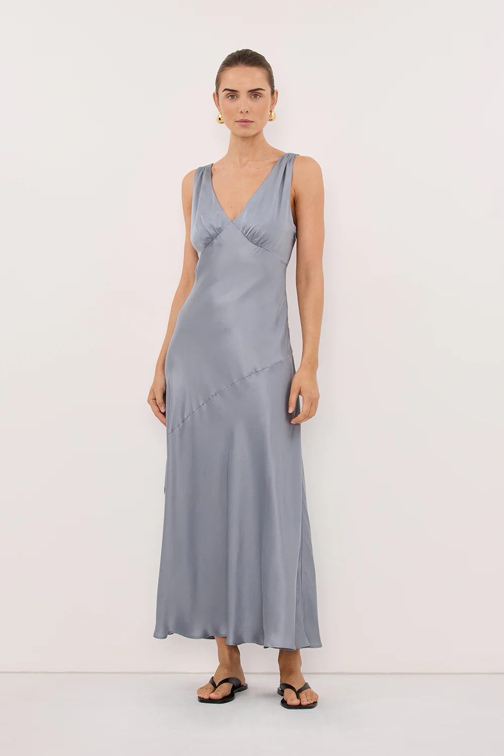 MILA DUSTY BLUE SILK MIDI DRESS | DISSH