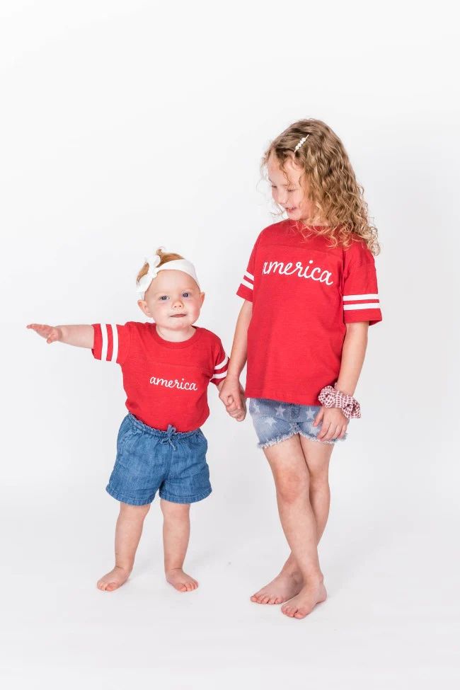 Kids America Script Graphic Red/White Tee | The Pink Lily Boutique