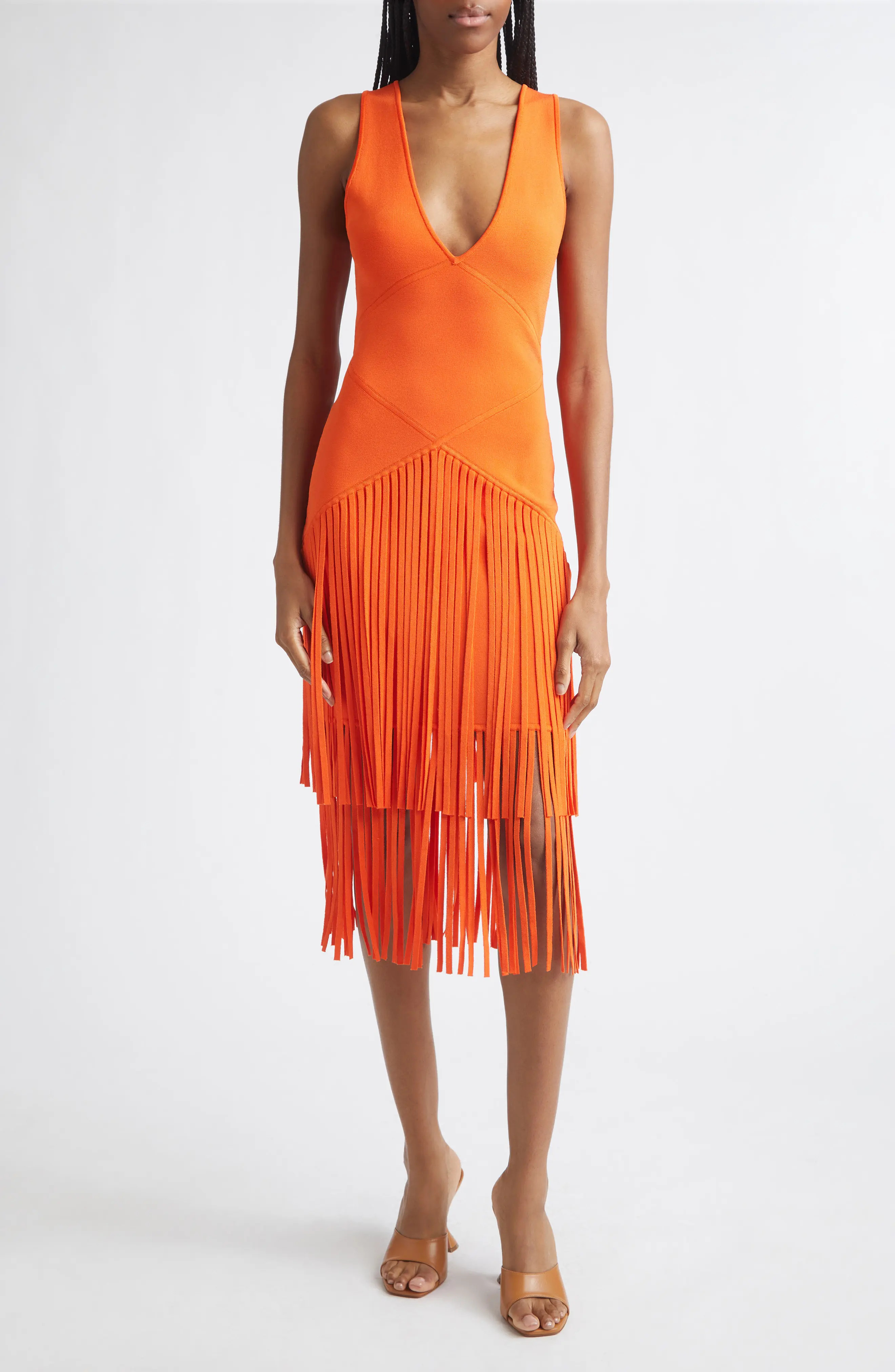Toccin Patricia Seamed Fringe Hem Midi Dress in Flame at Nordstrom, Size Small | Nordstrom