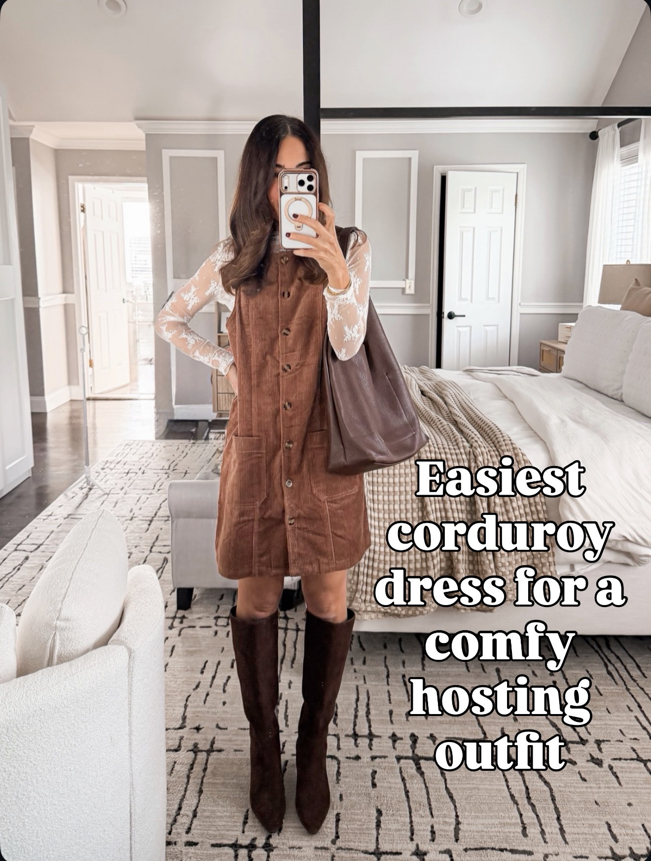 My go-to corduroy dress for hosting — comfy, flattering, and feels like pajamas 🙌🏼 Wearing size small, layered with a lace top and chocolate brown boots.

#LTKHoliday #LTKGiftGuide #LTKOver40