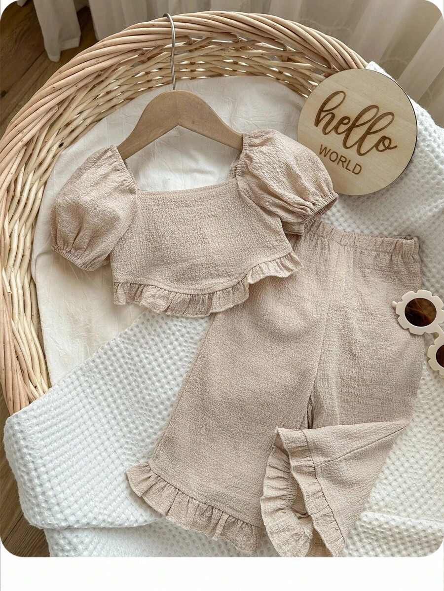 Baby Girl Summer Casual Solid Color Short Sleeve Top & Pants 2pcs Set | SHEIN