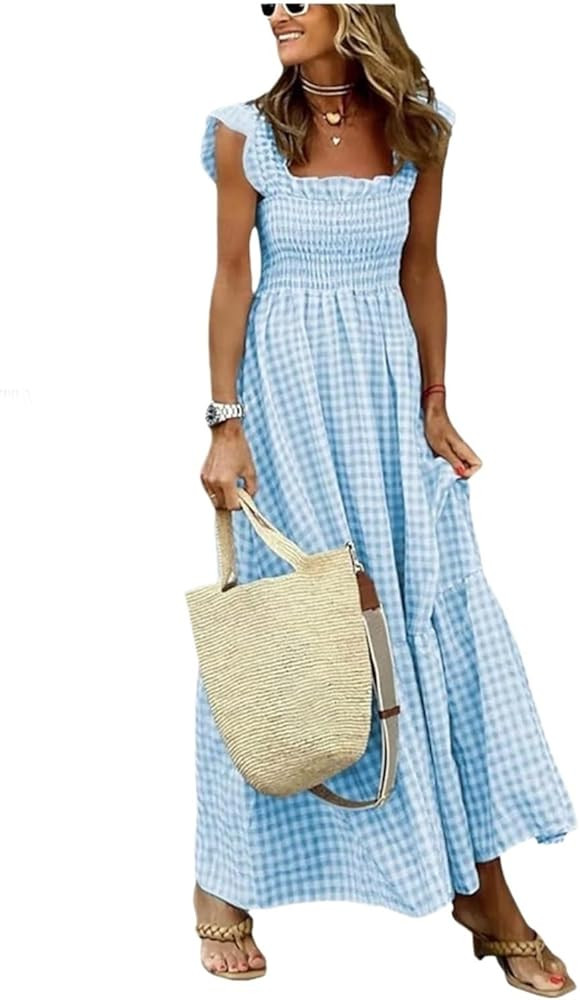 Singing Solo Multi Plaid Smocked Bust Maxi Dress, Women's Retro Plaid Spaghetti Strap Square Neck... | Amazon (US)