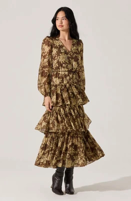 ASTR the Label | Franchesca Tiered Ruffle Maxi Dress in Olive floral | Size L | ASTR The Label (US)