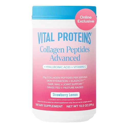 Vital Proteins Collagen Peptides Advanced, Hydrolyzed Peptides with Hyaluronic Acid and Vitamin C - Strawberry Lemon Flavor Powder, 10.5oz | Amazon (US)