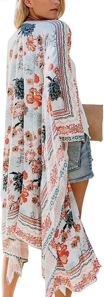 MayBuy Women's Summer Long Flowy Kimono Cardigans Boho Chiffon Floral Beach Cover Up Tops | Amazon (US)