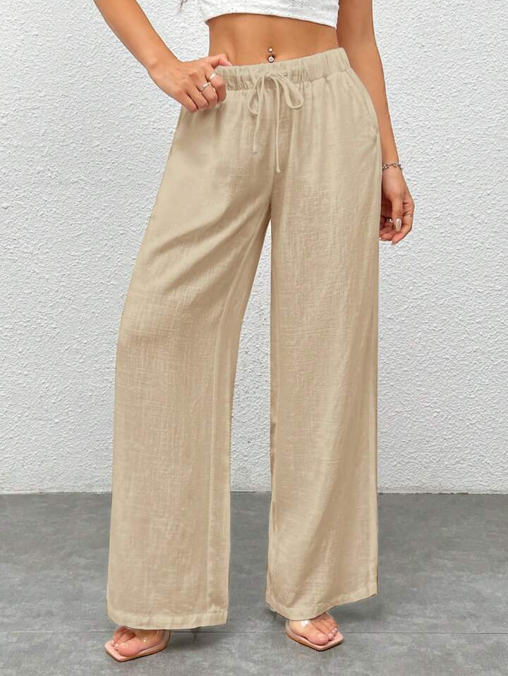 SHEIN PETITE Women's White Woven Wide Leg Pants | SHEIN
