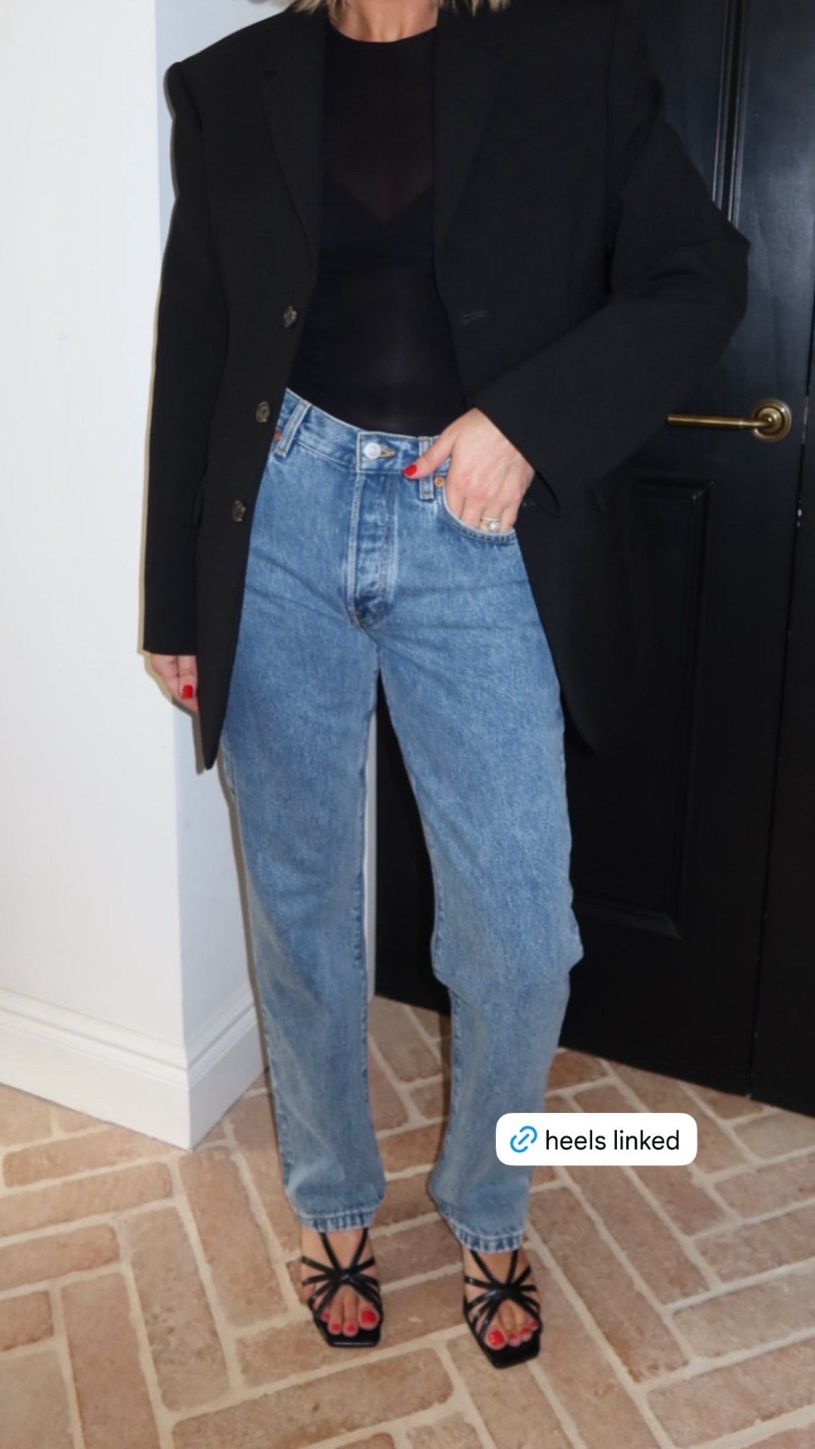 black tailored blazer, oversized blazer, sheer black bodysuit, mesh top, straight leg jeans, vintage wash denim, mom jeans, Mint Velvet strappy heels, Mint Velvet black sandals, black strappy sandals, evening denim outfit, blazer and jeans, elevated casual, going out look, date night outfit, quiet luxury, elevated basics, ltkstyletip, ltkseasonal, ltkfindsunder100, outfit inspo, capsule wardrobe essentials

#LTKdatenight #LTKshoes #LTKautumn