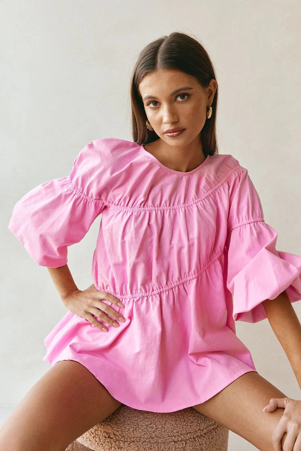 Pink Ruched Puff Sleeve Akel Top | Sabo Skirt US