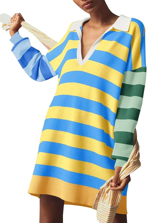 Saodimallsu Womens Striped Oversized Sweater Dress V Neck Collared Color Block Knit Long Sleeve M... | Amazon (US)