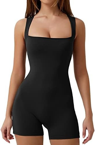 QINSEN Womens Strappy Square Neck Tank Top Tummy Control Bodycon Stretch Shorts Jumpsuit Outfits | Amazon (US)