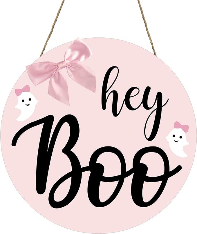 Halloween Hey Boo Wood Sign Pink Ghost Door Hanger Fall Farmhouse Outdoor Front Porch Decoration | Amazon (US)