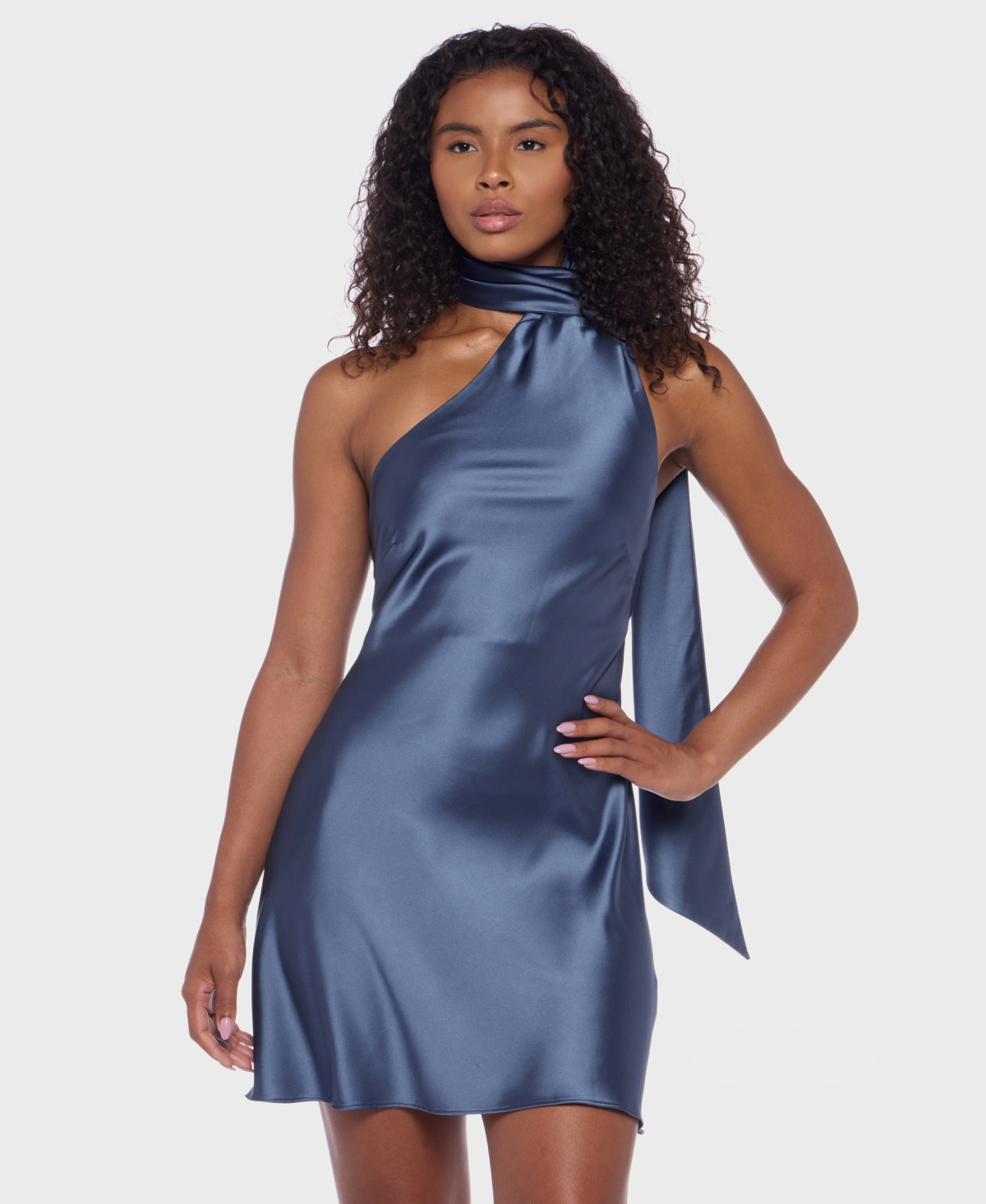 Alex & Sophia Juniors' Scarf-Neck One-Shoulder Satin Bodycon Dress - Denim | Macy's