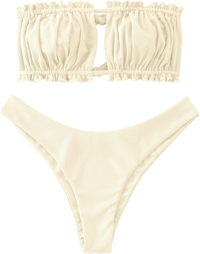 ZAFUL Women 2 Piece Strapless Bikini Swimsuits Ruffle Ribbed Self Tie Bandeau Bikini Set High Cut... | Amazon (US)