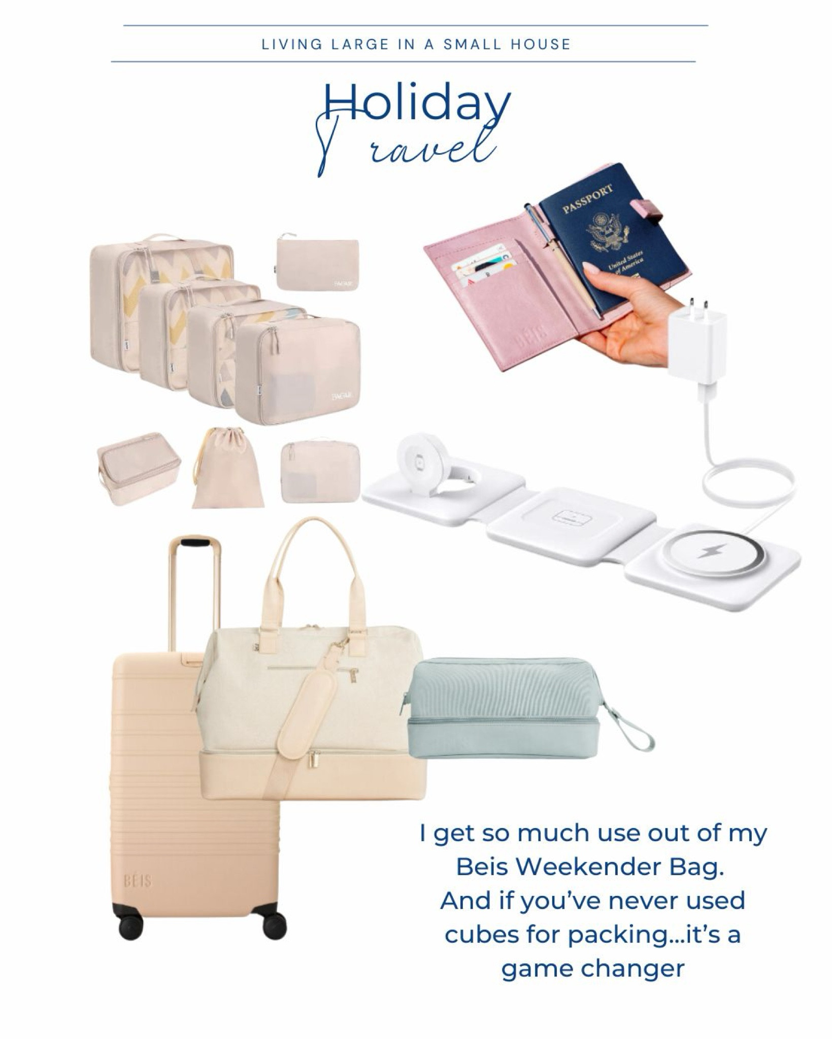 If you’re traveling for the holiday’s check out these essentials. My Beis Weekender gets a workout. It’s perfect for a two night trip or as a carry-on for a longer vacation. 

If you’re not using cubes to pack - you need to be. It’s a game changer. 

These also are great gift ideas for the traveler in your life  

#travel #holidaytravel 

#LTKTravel #LTKGiftGuide #LTKHoliday