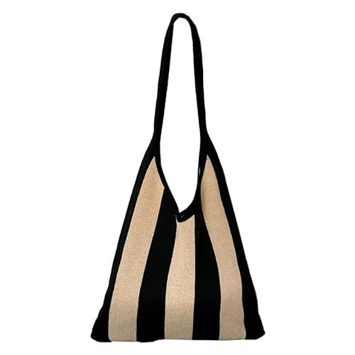 ENBEI The tote bags for women aesthetic Shoulder HandbagsShoulder Shopping Bag crocheted Bags large large tote Bag cute (Black khaki stripes) | Amazon (US)