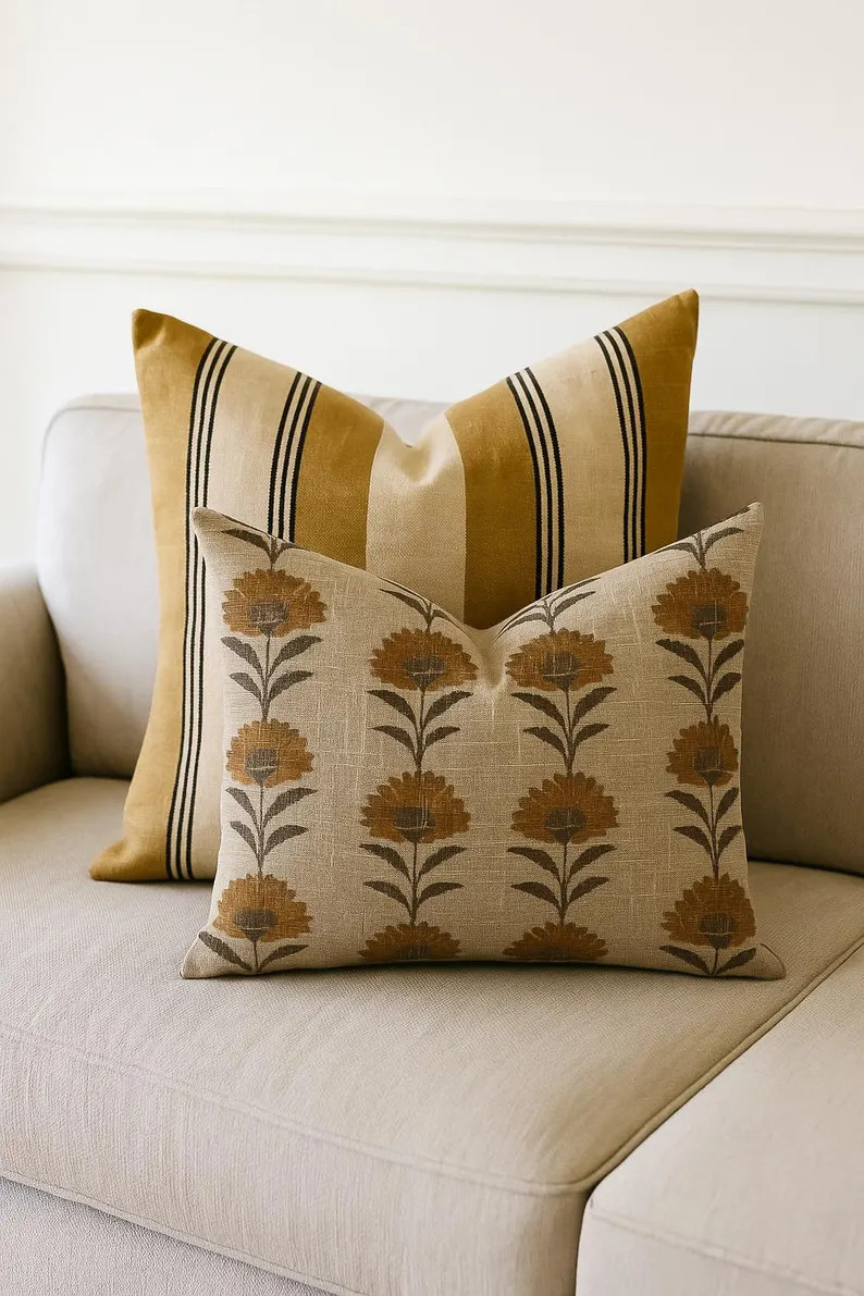 Marigold Floral Block Print Pillow Cover: Mustard Stripe Linen, Vintage Farmhouse Cushion - Etsy | Etsy (US)