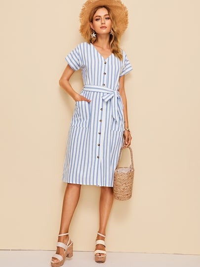 Pocket Front Button Up Striped Belted Dress | SHEIN