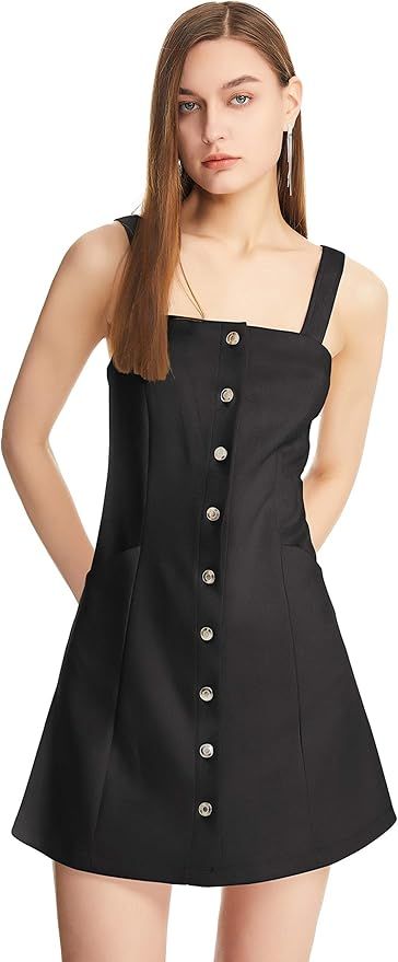 Women Vintage Button Down Pinafore Overall Dress Faux Suede Sleeveless Jumper Dress with Pocket | Amazon (US)