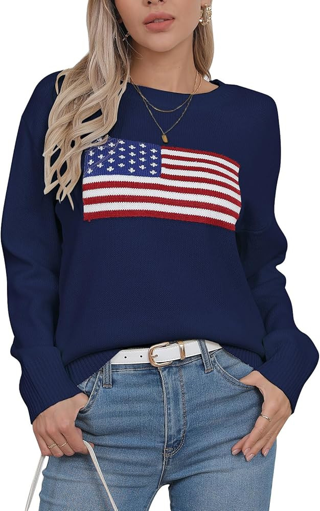 shermie Women's Long Sleeve Crew Neck Sweater Casual Lightweight American Flag Pullover Sweaters | Amazon (US)