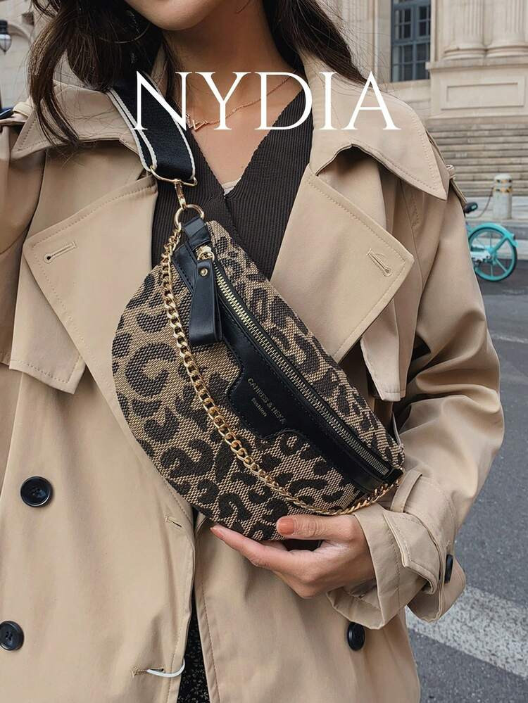 Y2k Style Chain & Leopard Print Retro Shoulder Strap Waist Bag With Distressed Details, Leopard Print Bag, Animal Print Women Bag, Fall Winter Fashionable Cheetah Print Purse For Women , Leopard Cheetah Print | SHEIN