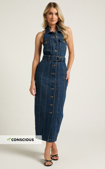 Dubai Denim Midi Dress - Sleeveless Collared Halter Neck in Dark Wash | Showpo (US, UK & Europe)