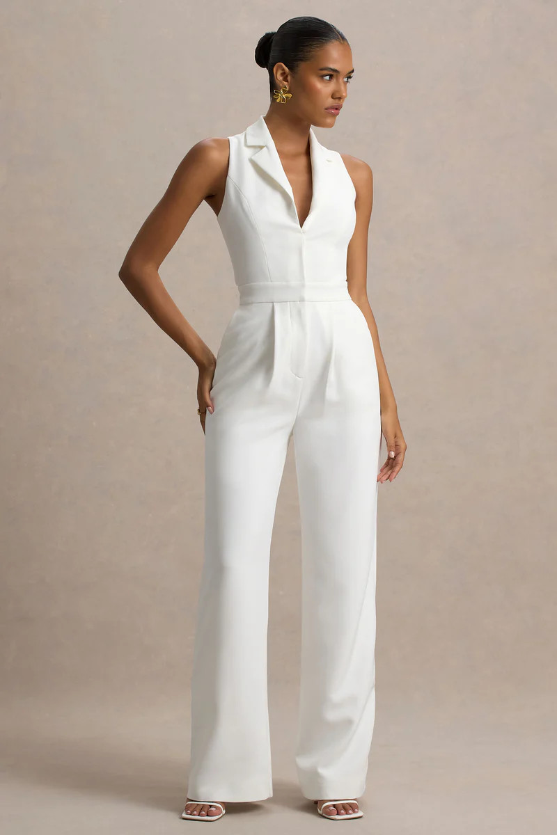 Trixie | White Plunge-Neck Tailored Jumpsuit | Club L London