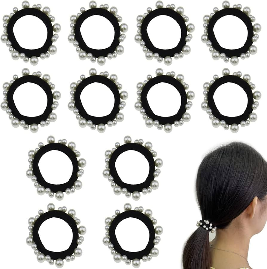12 PCS Black Pearl Elastic Hair Bands Scrunchie Hair Ties Ponytail Holder Hair Ropes Hair Ring Ha... | Amazon (US)