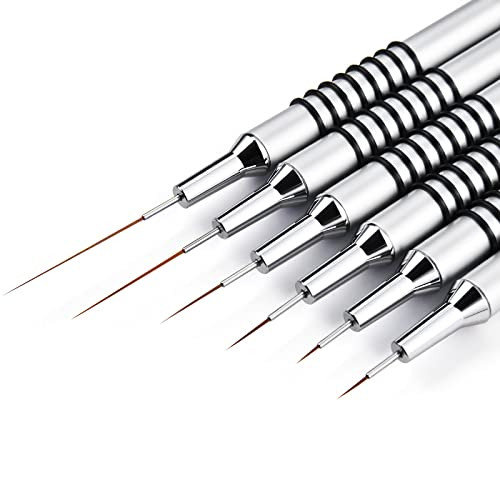 Nail Art Liner Brushes Set, 6Pcs Nail Art Design Brush Striping Thin Long Lines Dotting Drawing Pen, UV Gel Polish Painting Metal Handle Striper Brushes Size 5/7/9/11/20/25mm | Amazon (US)