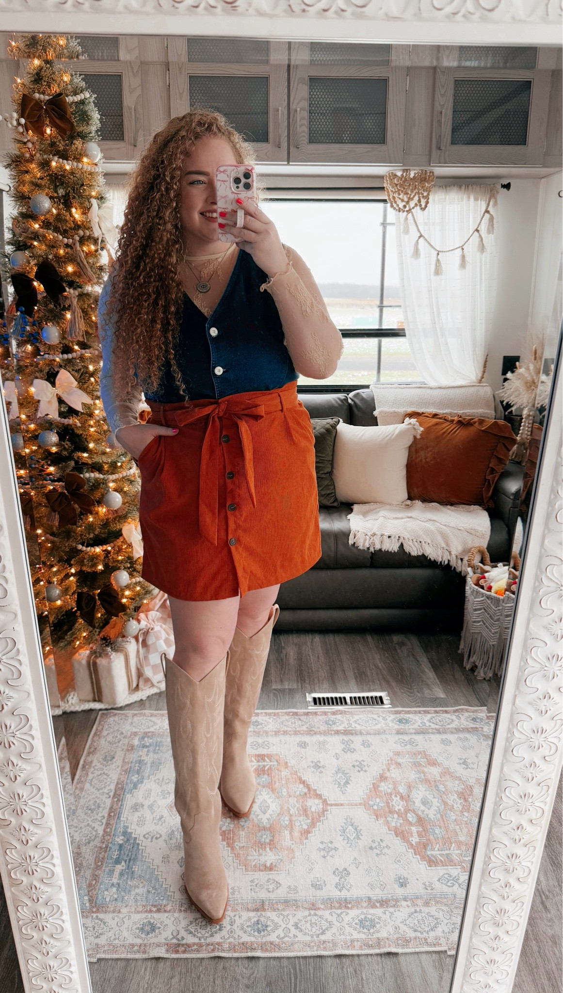 This is a great fall look 🍂 amazon lace long sleeve | lace long sleeve  | amazon vest | denim vest | amazon denim vest | denim vest outfit  | fall skirt | skirt | amazon skirt | amazon orange skirt | cowgirl boots | neutral cowgirl boots | amazon cowgirl boots | amazon neutral cowgirl boots | amazon finds | amazon look | amazon outfit | fall outfit | fall look | fall fashion | fall finds | fall outfit inspo | fall fashion inspo | fall 2024 | fall photos | Fall family photos | fall family photos outfit | thanksgiving outfit | thanksgiving outfit inspo | thanksgiving look 

#LTKMidsize #LTKStyleTip #LTKSeasonal