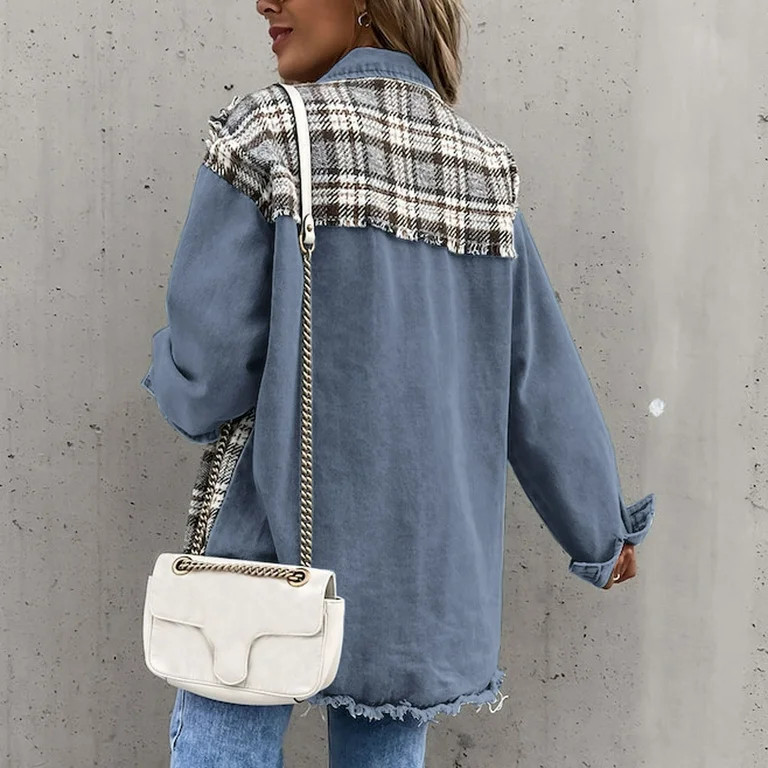 BEFOKA Womens Fuzzy Jean Jacket Long Sleeve Button Up Denim Jacket Plaid Print Denim Jacket With ... | Walmart (US)