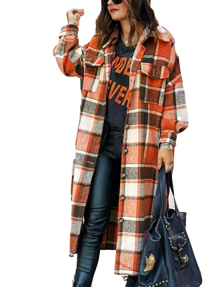 Himosyber Women's Casual Plaid Lapel Woolen Button Up Pocketed Long Shacket Coat | Amazon (US)