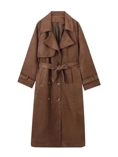 NDCOXQW Brown Faux Suede Trench Coat Women Long Suede Leather Jacket 2025 Fall Winter Coats Warm Double Breasted Blazer Pea Coat Overcoat with Belt (Brown,M) | Amazon (US)