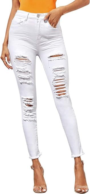 SheIn Women's Casual High Waist Ripped Raw Hem Jeans Stretchy Denim Pants | Amazon (US)