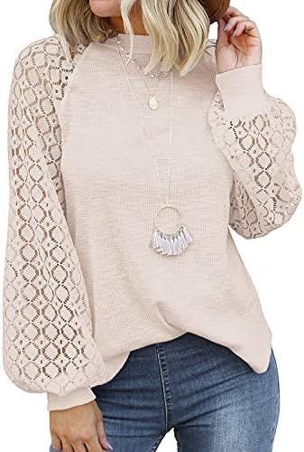 MIHOLL Women’s Long Sleeve Tops Lace Casual Loose Blouses T Shirts | Amazon (US)