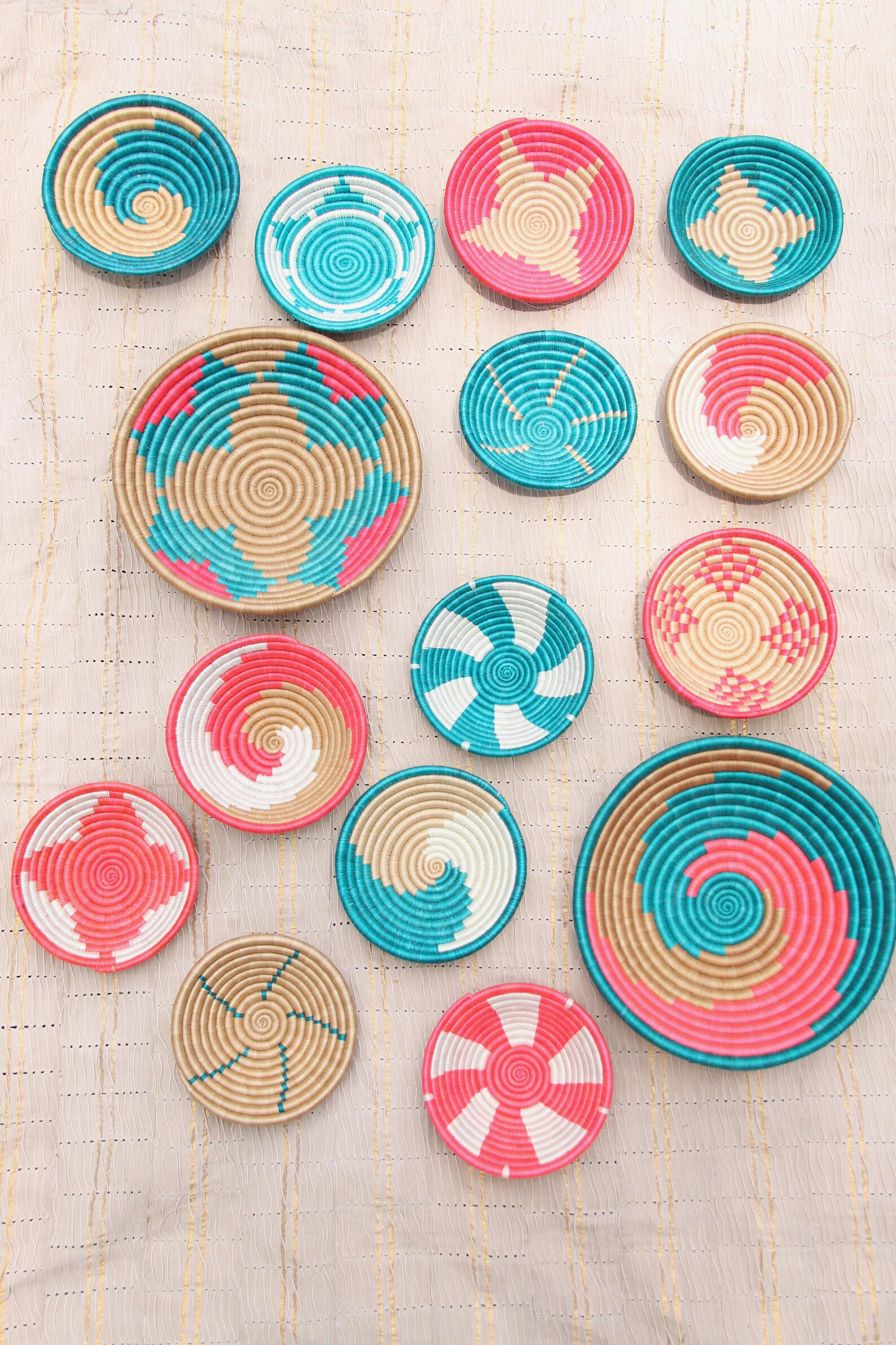 Rwandan Basket, Sisal & Sweetgrass // African Wall Basket, Woven Basket, Teal, Pink, and Natural,... | Etsy (US)