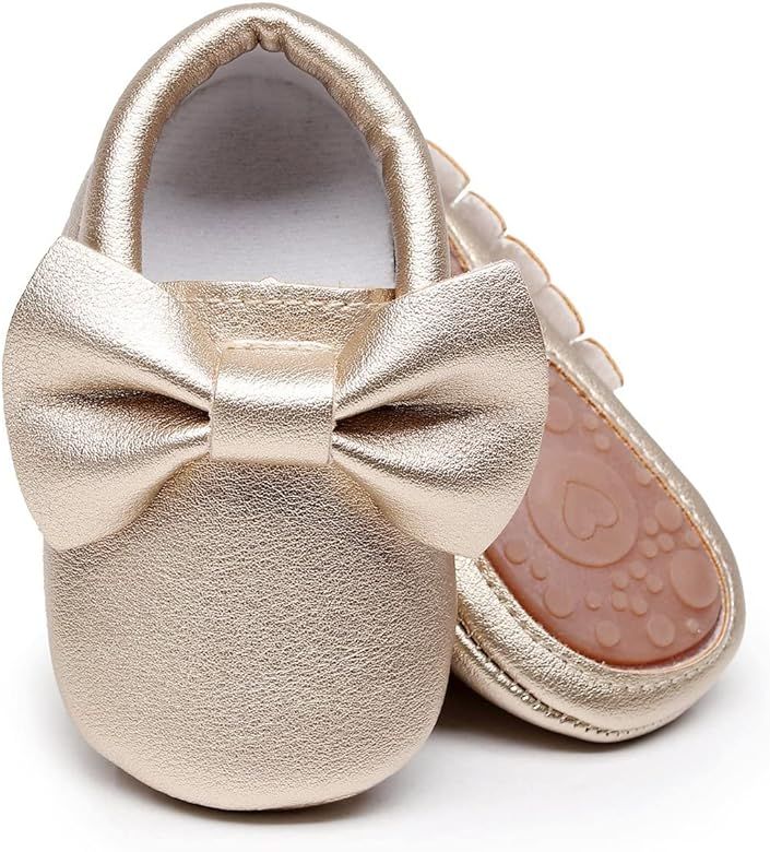 HONGTEYA Baby Moccasins with Rubber Sole&Soft Sole - Flower Print PU Leather Tassel Bow Girls Bal... | Amazon (US)