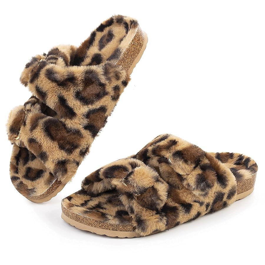 FITORY Womens Open Toe Slipper with Cozy Lining,Faux Rabbit Fur Cork Slide Sandals Size 6-11 | Amazon (US)