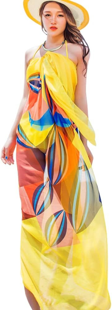 GERINLY Chiffon Thin Sarong Wrap: Geometrical Design Plus Size Beach Cover Up for Swimsuit Vacati... | Amazon (US)