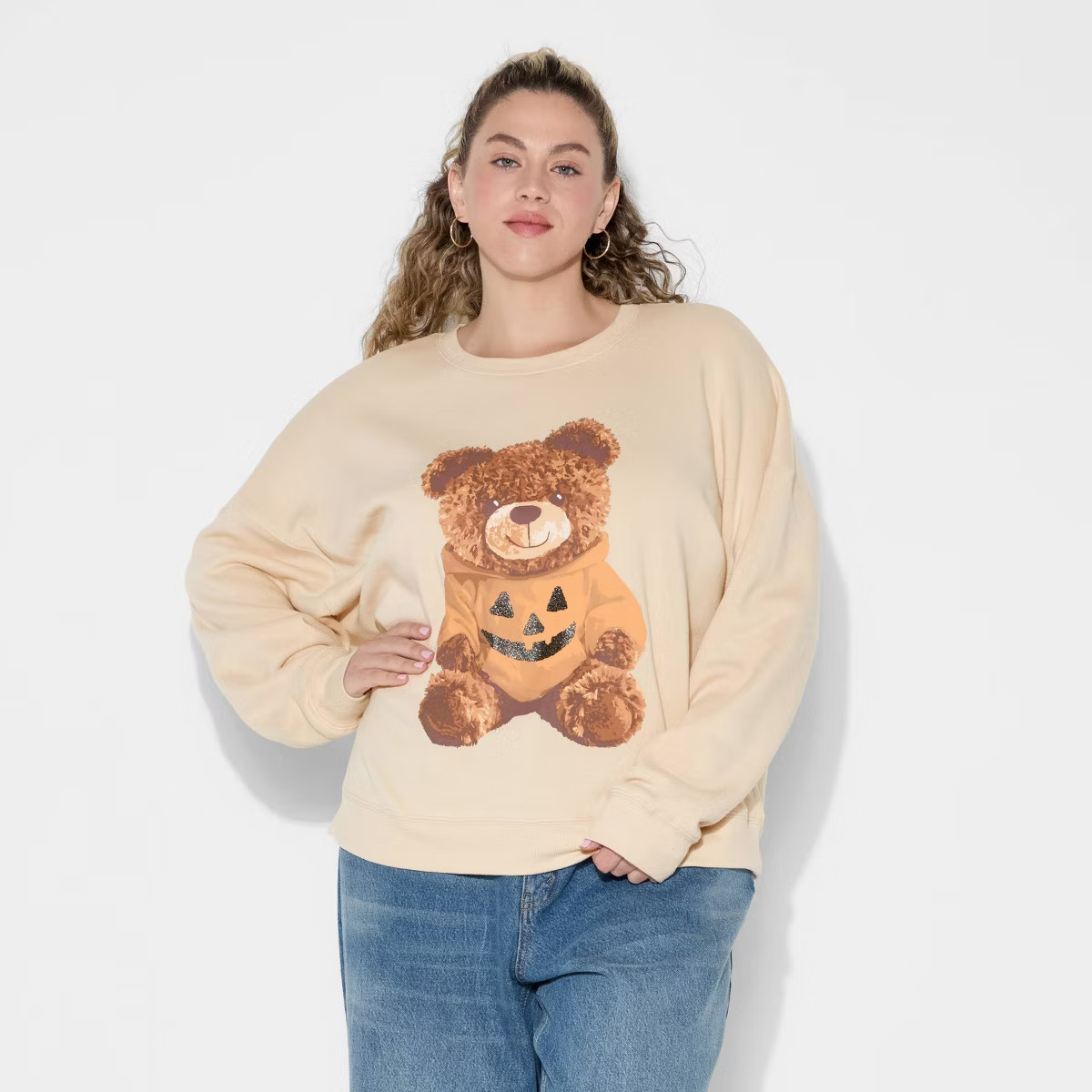 Women's Teddy Bear Pumpkin Graphic Sweatshirt - Beige | Target