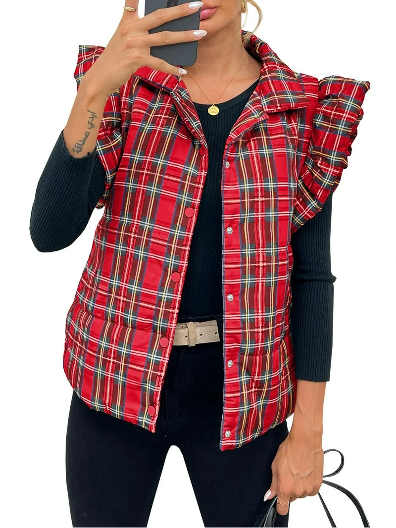 Womens Plaid Puffer Vests Ruffle Sleeveless Lightweight Quilted Vest Fall Winter Padded Gilets Co... | Walmart (US)