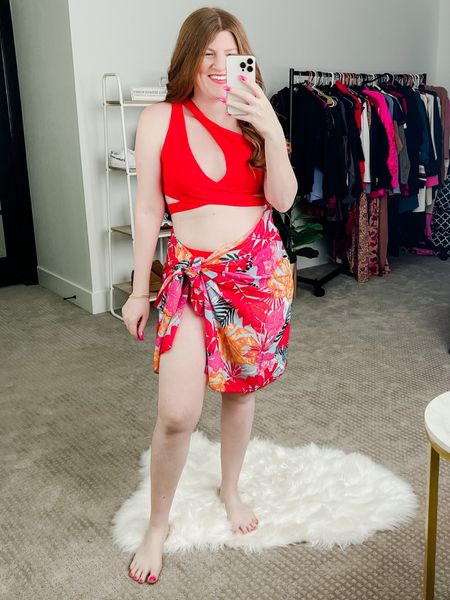 High waist bikini from amazon. Red swimsuit. Amazon swimsuit wearing size large and sarong. Beach outfit. Vacation outfit. 

#LTKunder50 #LTKtravel #LTKswim
