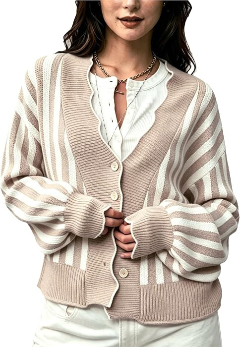 Wanzetaly Women's Striped Cardigan Sweater Long Sleeve V Neck Button Down Scalloped Open Front Ca... | Amazon (US)