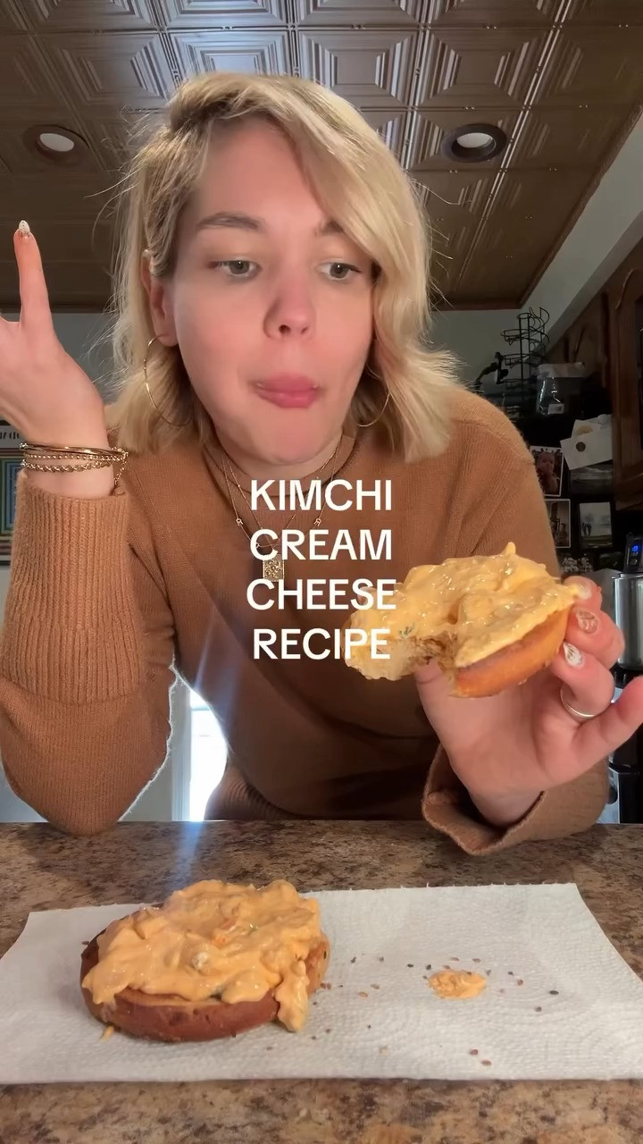 Kimchi cream cheese recipe! 🤎🥯 Recipe:
1 container whipped cream cheese (or 8 oz reg cream cheese)
1/2 c. chopped, drained kimchi
1 tsp white pepper
1 tsp fine garlic powder
1–2 tsp honey 

 #LTKootd #LTKfoodie #LTKvlog