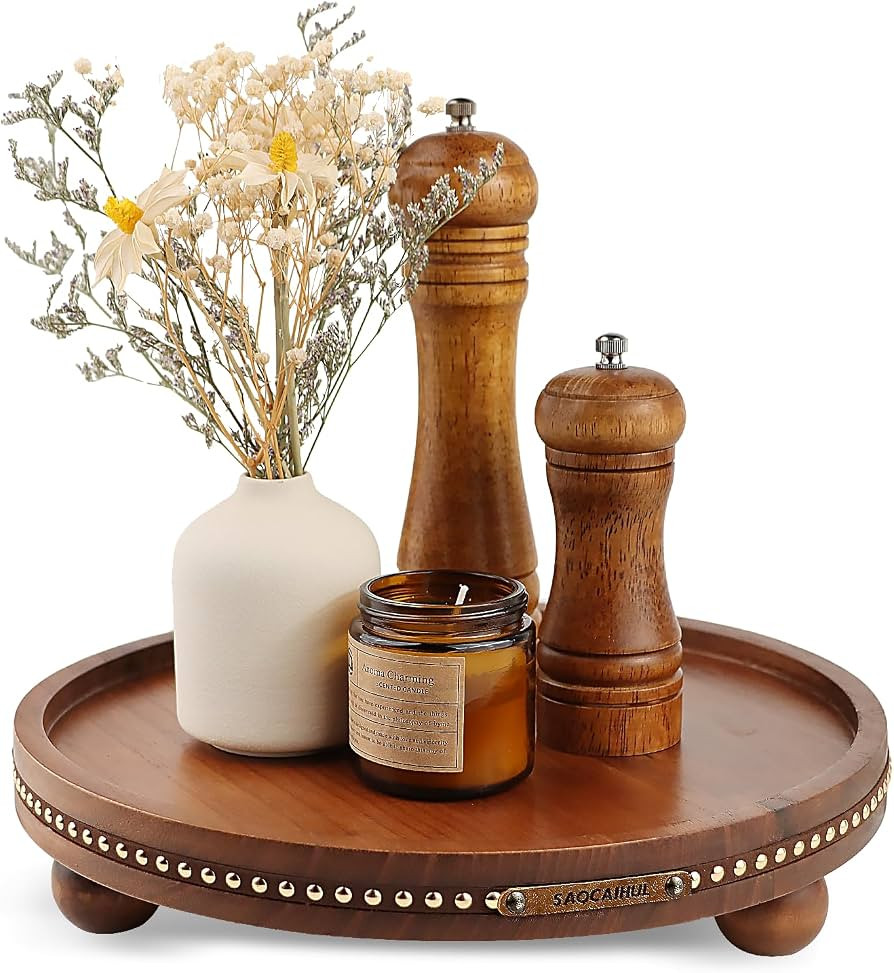 Round Wooden Decorative Tray Coffee Table Tray Home Decor 11.8" Brown | Amazon (US)
