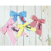 Custom Embroidered Personalized Fabric Hair Bows Seersucker, Ginghams, Stripes & More | Etsy (US)