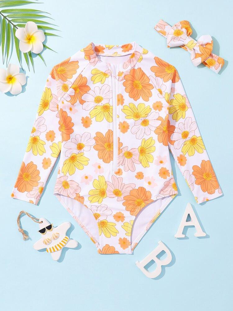 Toddler Girls Floral Print Zipper Front One Piece Swimsuit & Headband
       
              
    ... | SHEIN