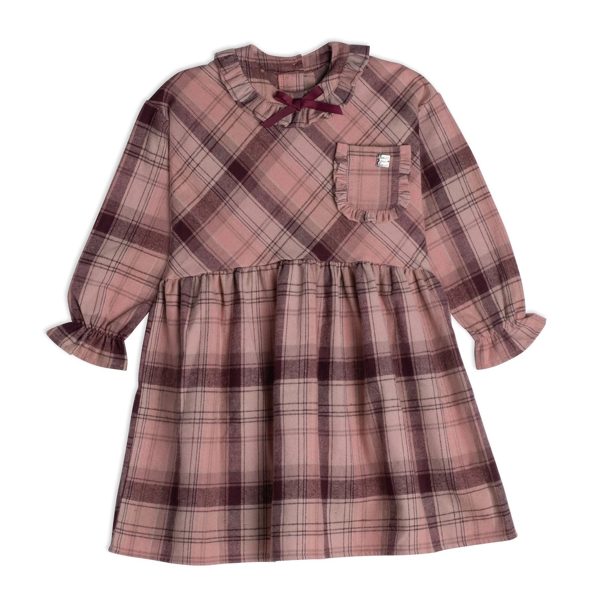 Long Sleeve Dress Pink And Burgundy Plaid | Deux par Deux Childrens Designer Clothing